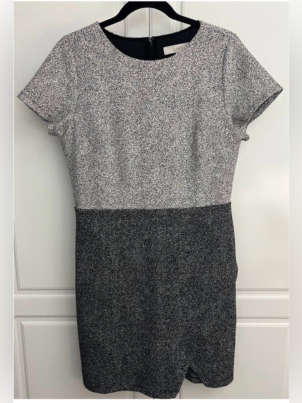 LOFT Two-Tone Tweed Sheath Dress in Light Gray and Dark Gray